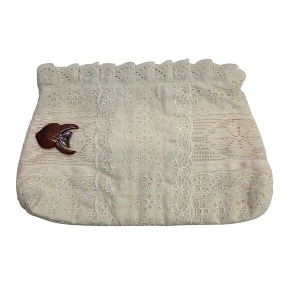 Carpetbags of America Handbags - Vintage Carpetbags of America Ivory Embroidered Zip Clutch, Wooden Fish Brooch